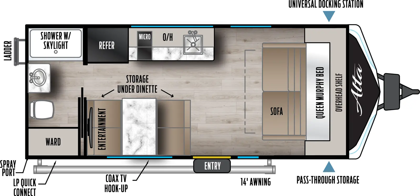 The Alta 1600MRB-LE floorplan has one entry and zero slide outs. Exterior features include: fiberglass exterior and 14' awning. Interiors features include: front bedroom, murphy bed, front living and rear bathroom.